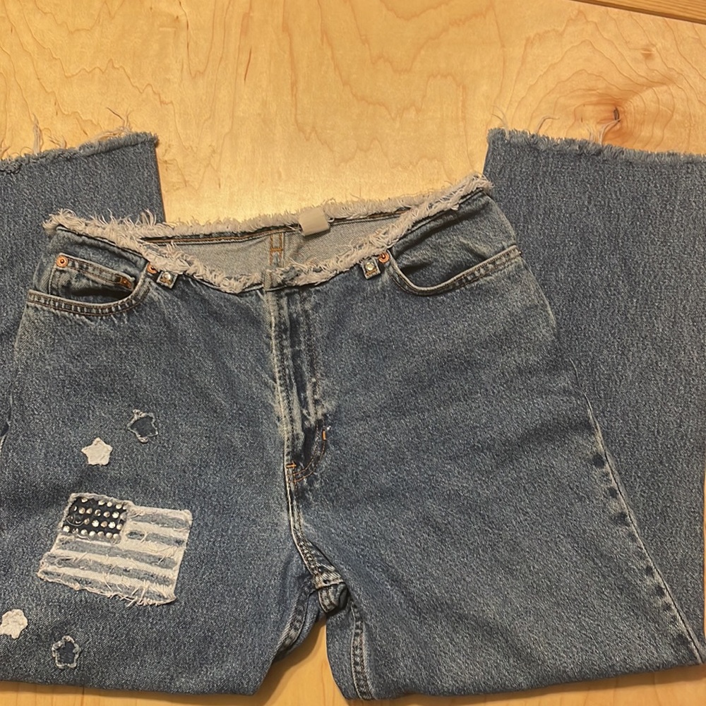 VINTAGE DENIM JEANS NO WAISTBAND FRAYED WAISTBAND AND FRAYED LEGS ZIPPER 1980’S